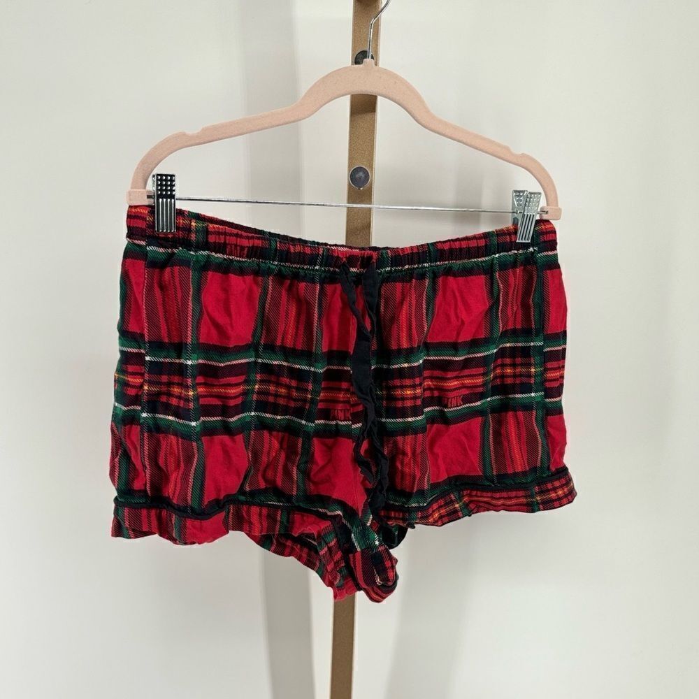 PINK Victoria's Secret Plaid Drawstring Pajama Shorts Size Large Red